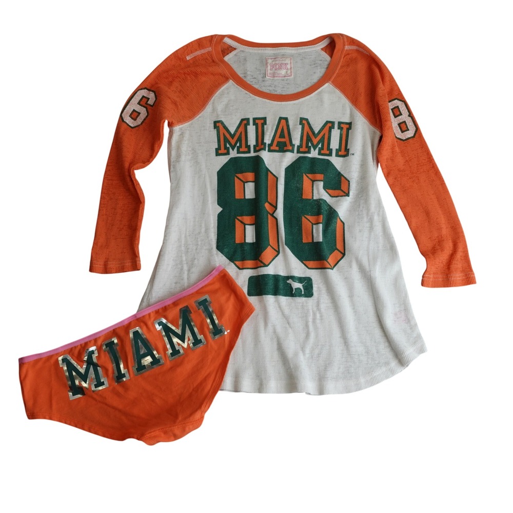 Rare Y2K Victoria's Secret PINK UM Miami Hurricanes 86 T Shirt Pajama Set Tee L